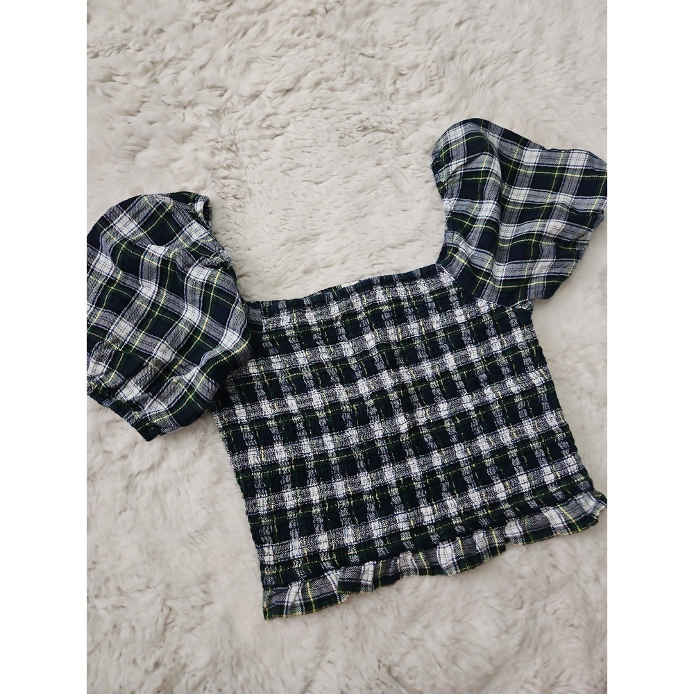 American Eagle Smocked Plaid Crop Top Medium Puff Sleeve Square Neck Cottagecore